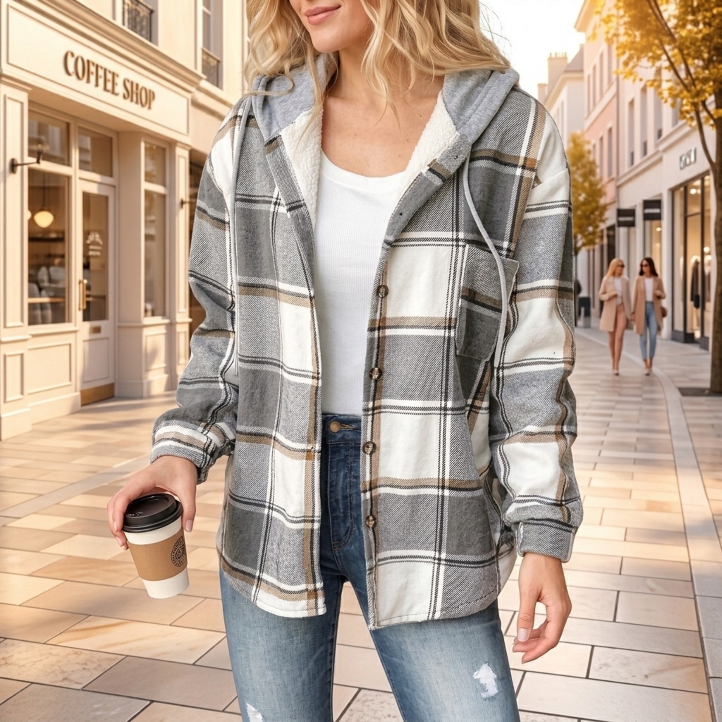Женские куртки mysuntown Plaid Hooded Jackets for Women, Fleece Lined Winter Coat with Drawstring, Single Breasted Casual Outerwear — фото 3