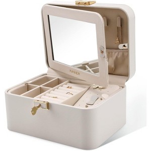 Two-Layer Jewelry Organizer Box with Large Mirror, Lock, and Hidden Hooks, Bluish Grey. - 1 of 4