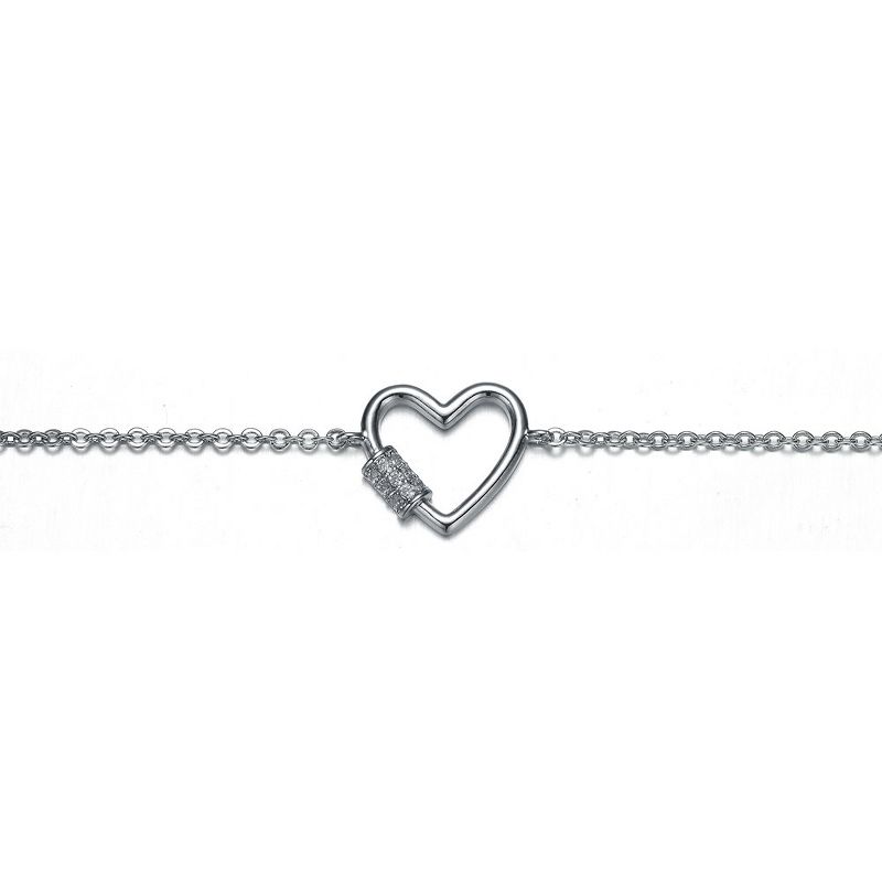 Gleaming Brilliance: Radiant Rhodium Plated Cubic Zirconia Heart Adjustable Bracelet, Sparkling with Timeless Elegance and Versatility., 2 of 4