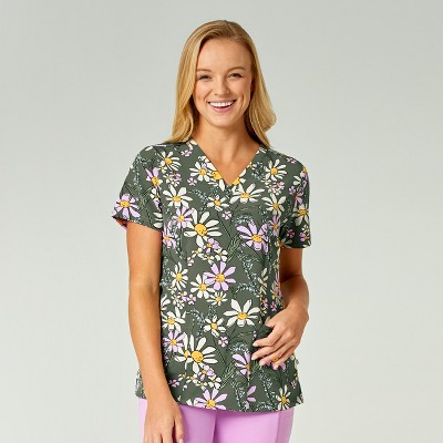 Wink Women's Fitted 3-Pocket V-Neck Print Scrub Top, Wild Flower, M