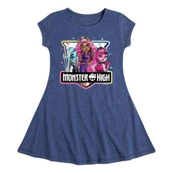 Girls' Monster High Group Badge Cap Sleeve Fit & Flare Dress - Heather Navy Blue