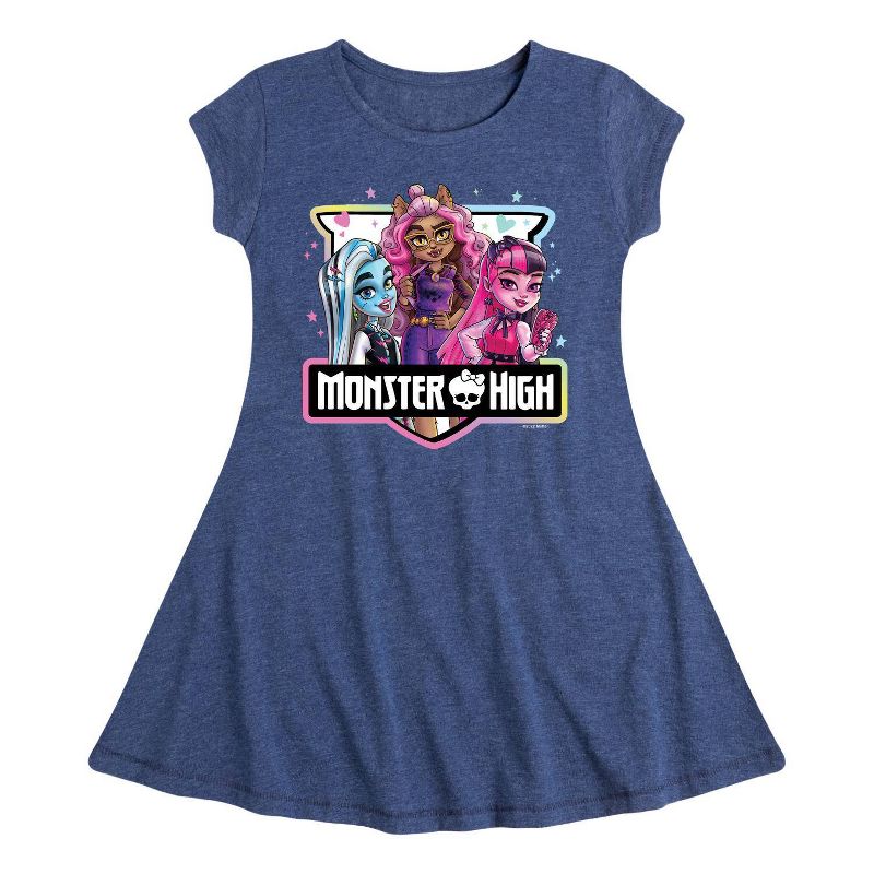 Girls&#39; Monster High Group Badge Cap Sleeve Fit &#38; Flare Dress - Heather Navy Blue, 1 of 3