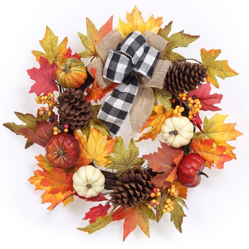 WhizMax 20" Fall Wreath, Autumn Wreath for Front Door with Pumpinks Pinecones Maple Leaves, Fall Door Wreath for Thanksgiving Harvest Home - image 1 of 4