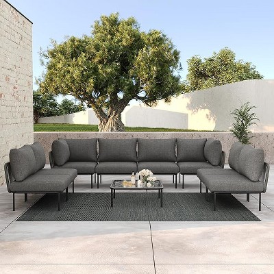 LayinSun 9 Pieces Rope Woven Patio Furniture Set, Modern Modular Sectional Sofa with Coffee Table and Upgrade Thickness Cushion