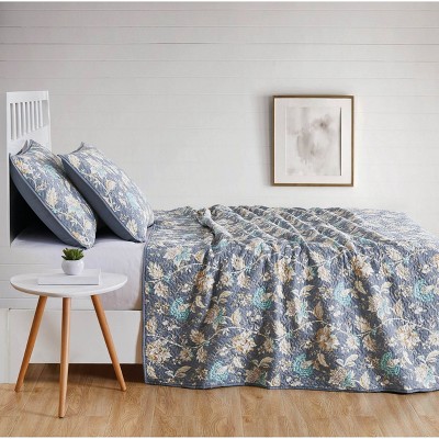 Slate Blue Floral King Cotton Quilt Set with Reversible Design