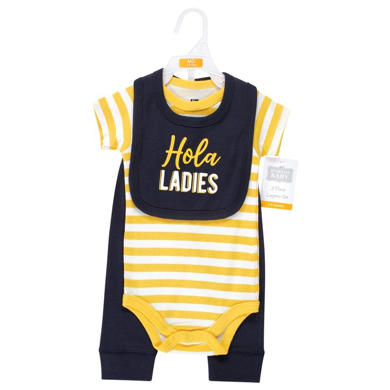 Hudson Baby Infant Boy Cotton Bodysuit, Pant and Bib Set, Hola Ladies, 2 of 6