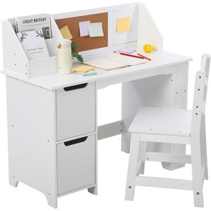 Kids Study Desk and Chair Set, Wooden School Learning Table with Storage, Hutch and Bulletin Board, Children Computer Desk with Chair - 1 of 4