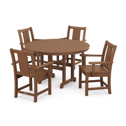 Polywood 5pc Prairie Round Farmhouse Outdoor Patio Dining Set Teak: All ...