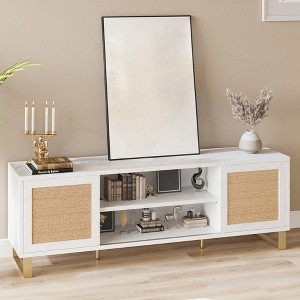 Modern Rattan TV Stand for TVs Up to 65", 57'' Entertainment Center with Cabinet & Open Shelves, Wooden Media Console Table, Sideboard Buffet Cabinet - 1 of 4