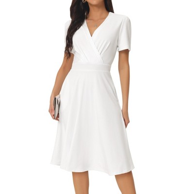 INSPIRE CHIC Women's Summer Wrap V Neck Puff Short Sleeve Midi Swing Dress with Pockets
