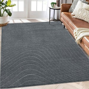 Modern Geometric Wave Area Rug Thick Non-Shedding Stain-Resistant Rug Carpet, 9'x12' Dark Gray: Pet Friendly, Rubber Backing, Bedroom & Living Room - 1 of 4