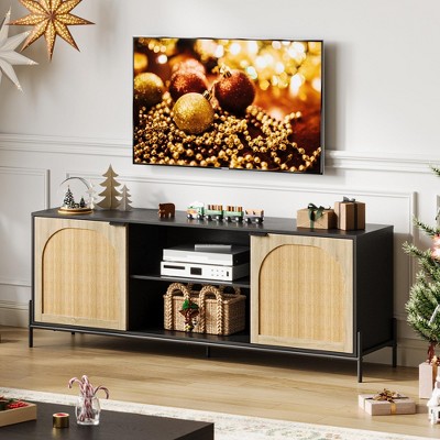 Garvee Rattan TV Stand for 75 Inch TV,TV Console with Adjustable Shelf, Entertainment Center with Storage,Mid Century Modern TV Stand for Living Room
