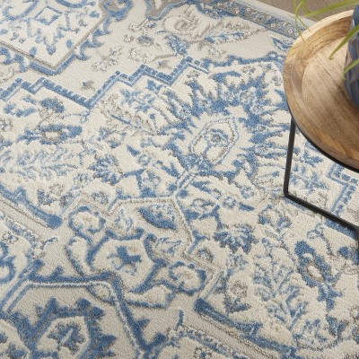 Ivory Blue Floral Medallion 4' x 6' Synthetic Area Rug