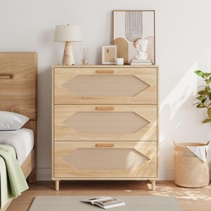 Rattan Dresser for Bedroom with 3 Drawers, Rattan Dresser with Spacious Storage, Modern Wooden Storage Cabinet - 1 of 4