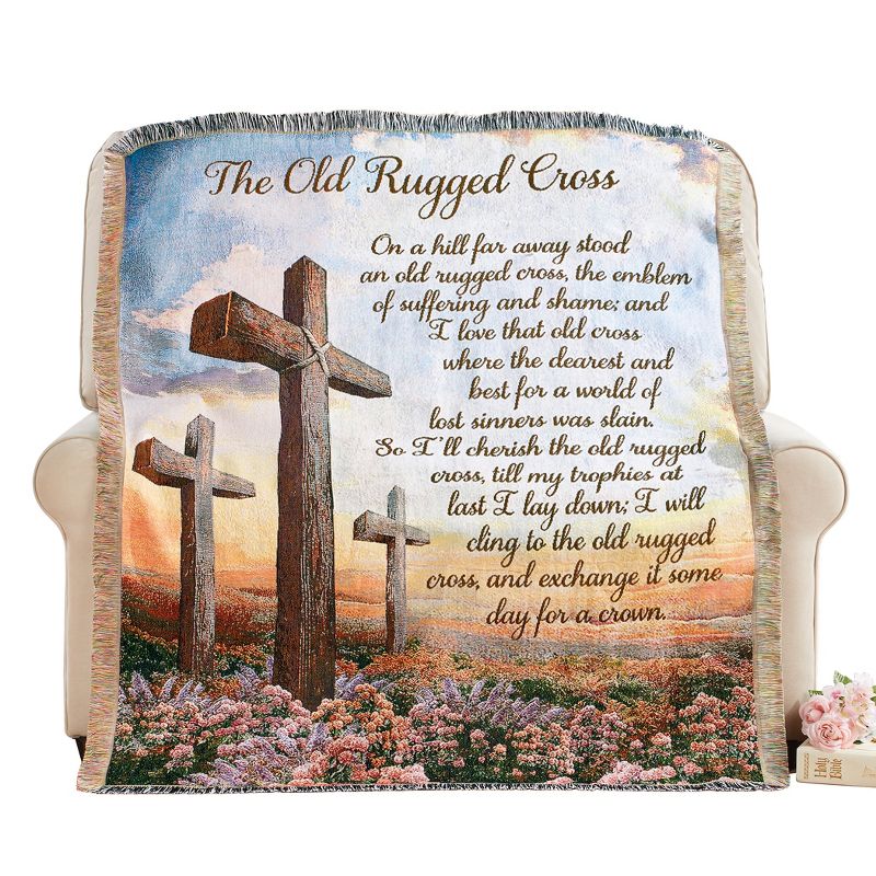 Collections Etc Old Rugged Cross Fringe Border Tapestry Throw THROW, 1 of 3