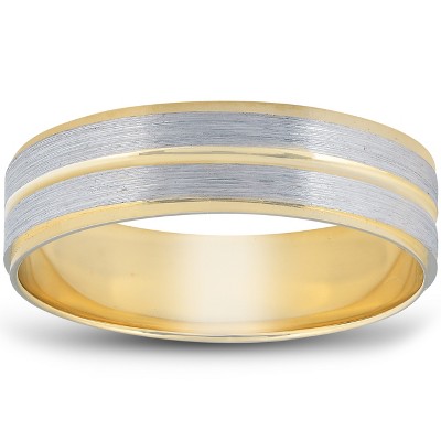 Pompeii3 14K Gold Two Tone Flat Wedding Band 6mm Brushed White & Yellow Mens RIng