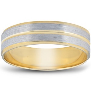 Pompeii3 14K Gold Two Tone Flat Wedding Band 6mm Brushed White & Yellow Mens RIng - 1 of 4