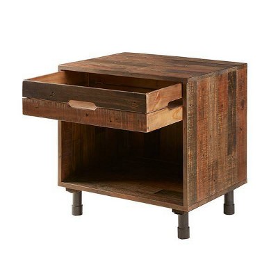 Rustic Industrial Pine Nightstand with Metal Accents, Light Brown
