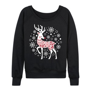 Women's - Instant Message - Scandinavian Reindeer Lightweight French Terry Wide Neck Long Sleeve Graphic Shirt - 1 of 4