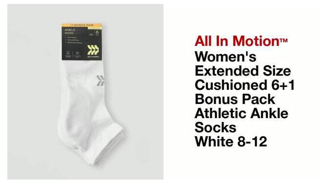 Women&#39;s Extended Size Cushioned 6+1 Bonus Pack Athletic Ankle Socks - All In Motion&#8482; White 8-12, 2 of 5, play video