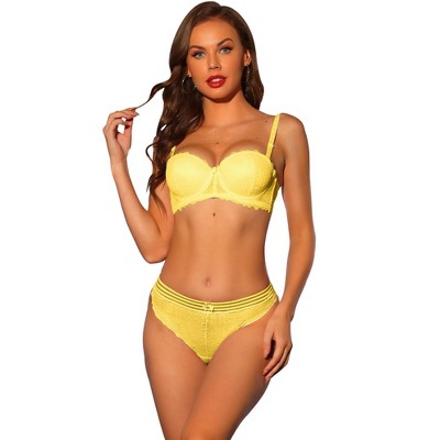 Allegra K Women's Lace Balconette Underwire Bras Padded Bra and Panty Set  Yellow 36B