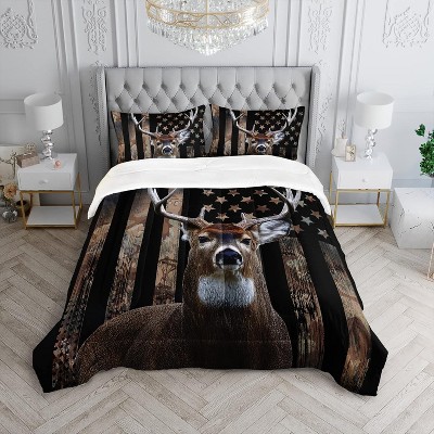 Hachikiko Deer Hunting Camo Comforter Set,3PCS (1 Comforter + 2 Pillowcases)-American Flag Print, Ultra-Soft Microfiber