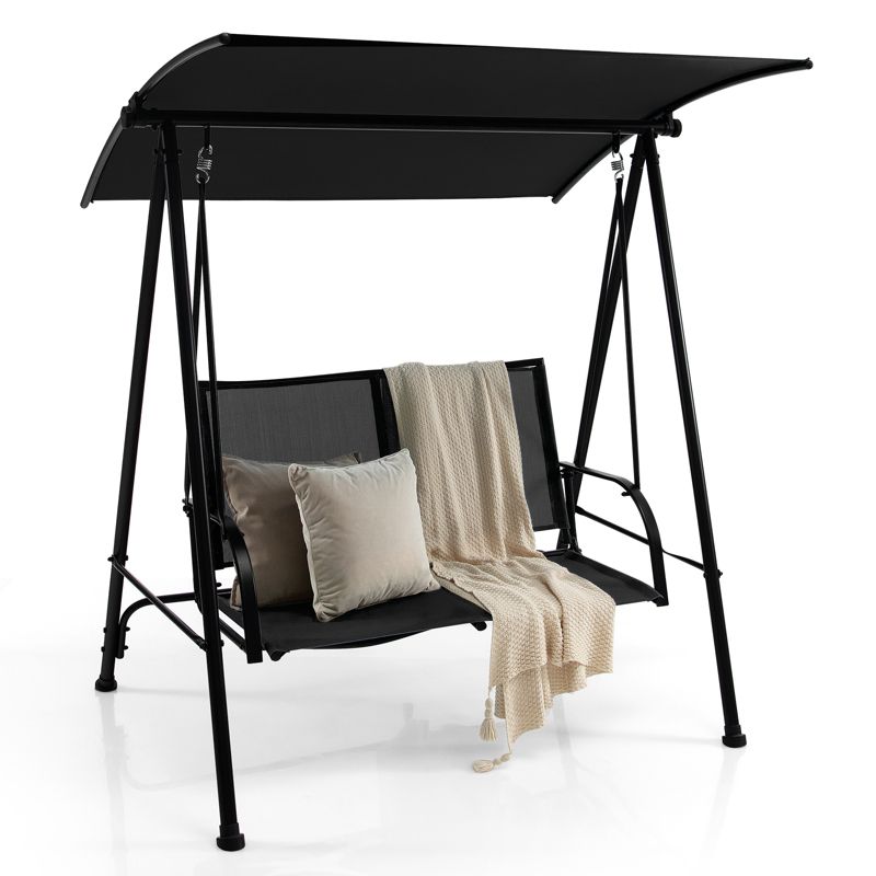 Costway 2-Seat Patio Swing Porch Swing with Adjustable Canopy for Garden Black/Dark Brown, 1 of 10