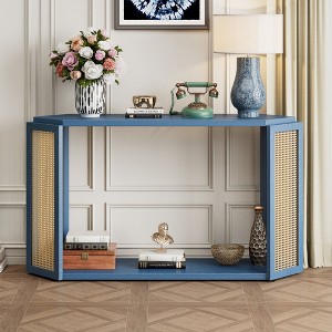 MOEPISY Narrow Console Table with Unique Irregular Top Design, Entryway Table with Open Shelf, Rattan Sofa Table (Antique Blue) - 1 of 4