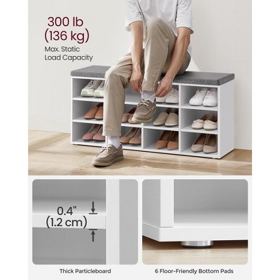 White and Gray 12-Cubby Shoe Storage Bench with Cushion