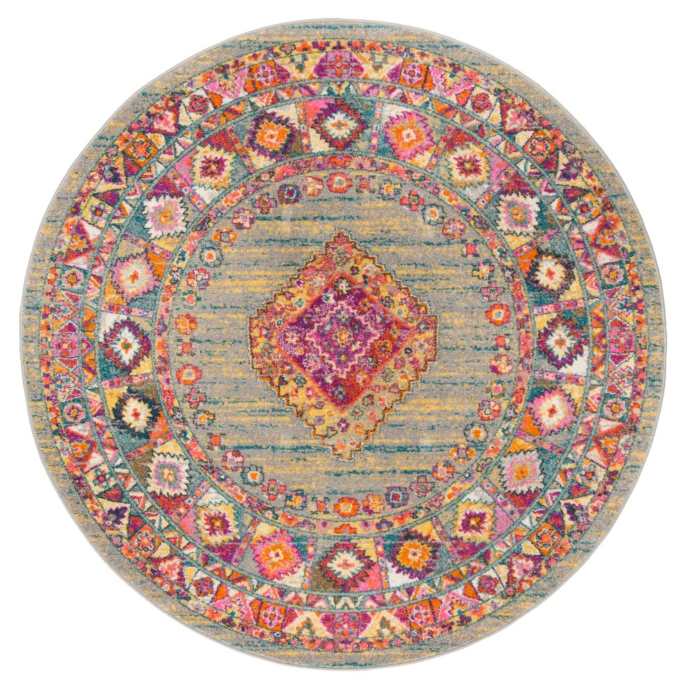 Light Gray/Fuchsia Geometric Loomed Round Area Rug 6'7in - Safavieh