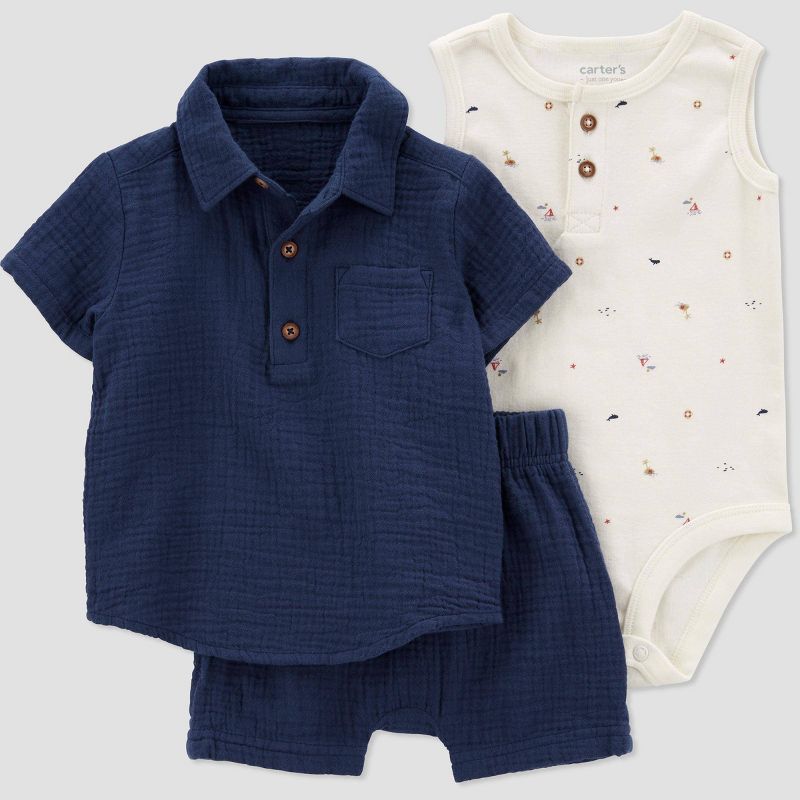 Carter's Just One You® Baby Boys' 3pc Top & Bottom Set - Navy Blue/White, 1 of 5