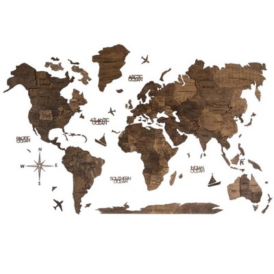HomeRoots 24" X 39" Brown Wood World Map Hanging Dimensional Sculpture