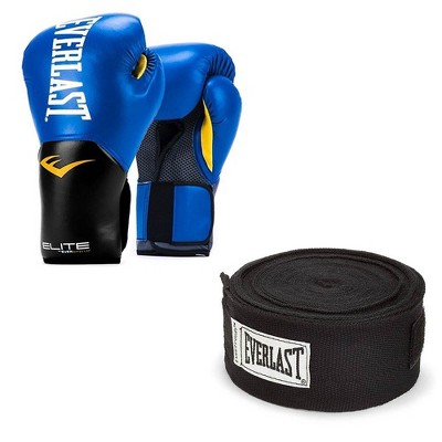 Everlast Blue Elite Pro Style Boxing Gloves 16 ounce & Black 120 Inch Hand Wraps