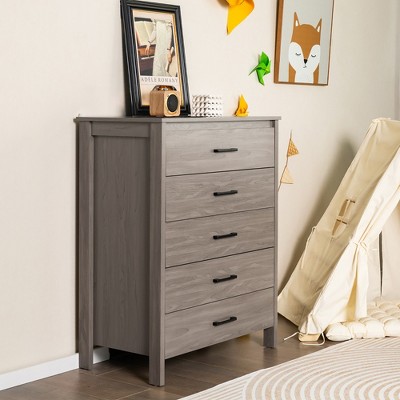 Gray Oak 5-Drawer Vertical Nursery Dresser with Metal Handles