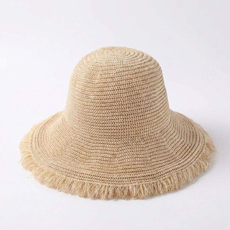 Anna-Kaci Wide Brim Sun Hat with Frayed Edge and Lightweight Open Weave, Beige