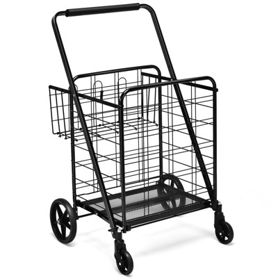 Black Steel Folding Double Basket Shopping Cart with Wheels