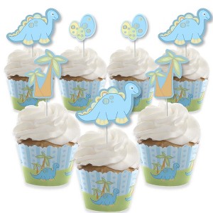 Big Dot of Happiness Baby Boy Dinosaur - Cupcake Decoration - Baby Shower or Birthday Party Cupcake Wrappers and Treat Picks Kit - Set of 24 - 1 of 4