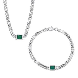 EVERLY JEWELRY | Sterling Silver 1 4/5ct TGW Created Emerald Curb Link Necklace and Bracelet 2-Piece Set - 1 of 4