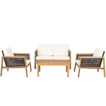 Tangkula 4PCS Patio Acacia Wood Furniture Set PE Rattan Conversation Set w/ Off White Cushions