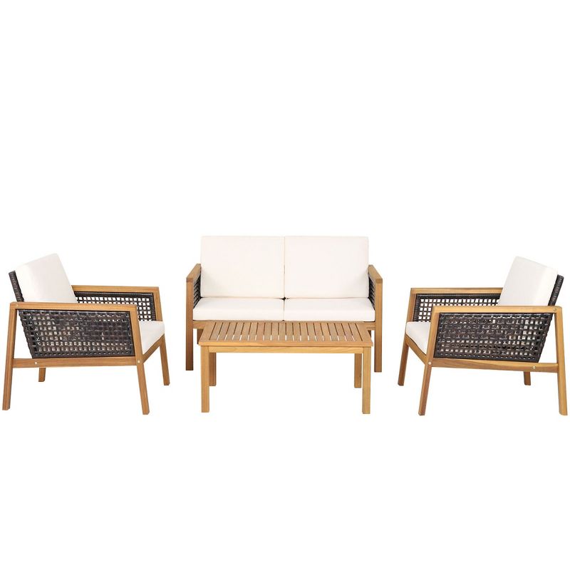 Tangkula 4PCS Patio Acacia Wood Furniture Set PE Rattan Conversation Set w/ Off White Cushions, 1 of 11