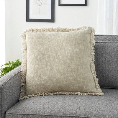 Taupe Stonewash Cotton Throw Pillow with Fringe Edges, 22" x 22"