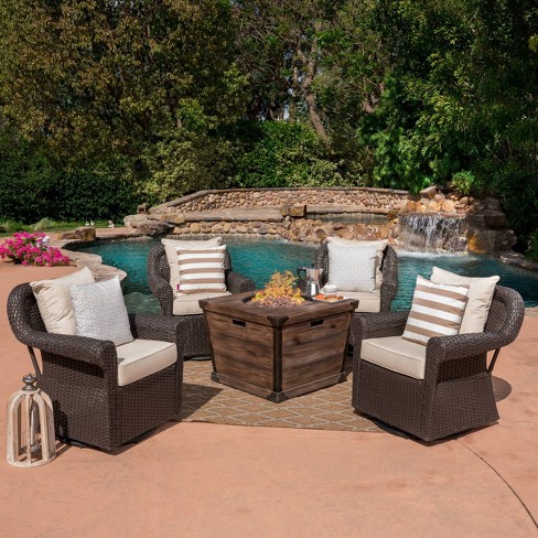 Blanca 5pc Wicker Swivel Club Chairs And Fire Pit Set Dark Brown Christopher Knight Home Target