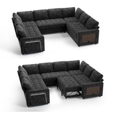 Two angles of a dark gray U-shaped sectional sofa with built-in storage