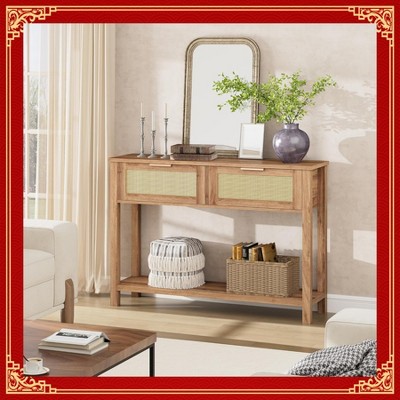 Garvee Console Table with 2 Drawers – Bohemian Rattan Entryway Table, Rustic Design with Burlywood Grain, Perfect for Living Room or Hallway