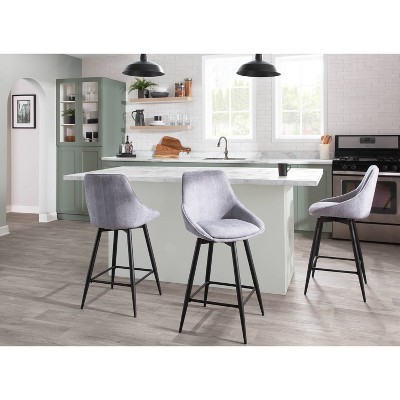 Set of 2 Gray Corduroy Swivel Counter Stools with Black Metal Legs