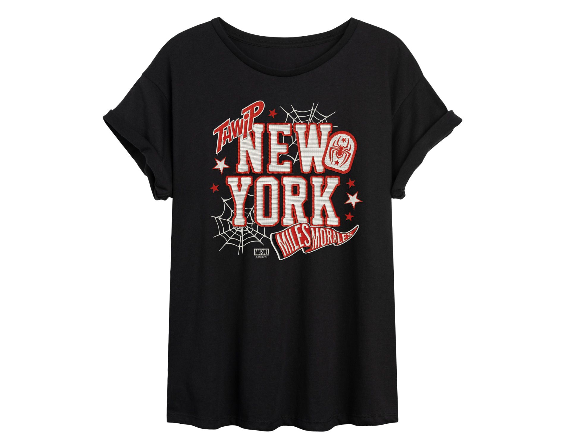 Women's Spider-Man NYC Miles Faux Patches Oversized Graphic T-Shirt - Black - X-Large