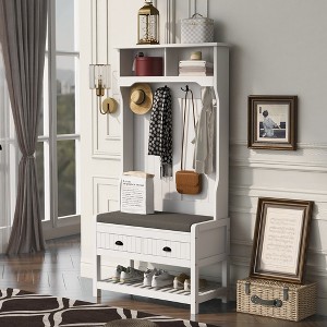 68.9" Multifunctional Hall Tree - Entryway Organizer with Coat Rack, Shoe Storage & 2 Drawers, White - 1 of 4