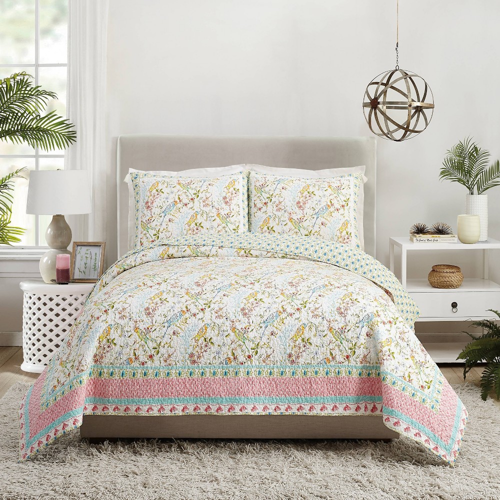 Photos - Duvet Dena Home King 3pc Sonnet Quilt Set: Cotton Material, Botanical Bird Flora