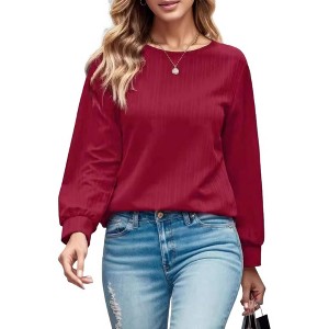 Women's Casual Crewneck Pleated Lantern Long Sleeve Pullover Sweater Loose Ribbed Knit Jumper Tops - 1 of 4