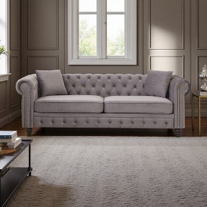 85.5" Velvet Chesterfield 3-Seater Sofa with Rolled Arms, 2 Cushions & Solid Frame - 1 of 4